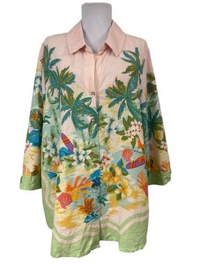 Cynthia Rowley 2X Button Down Blouse Linen Blend Tropical Palm Trees 3/4 Sleeves